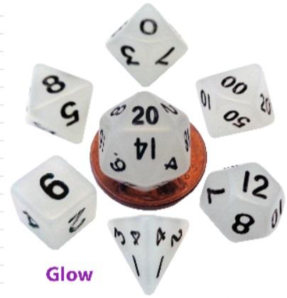 Mini Polyhedral Dice Set: Glow Clear w/Black Numbers (7)