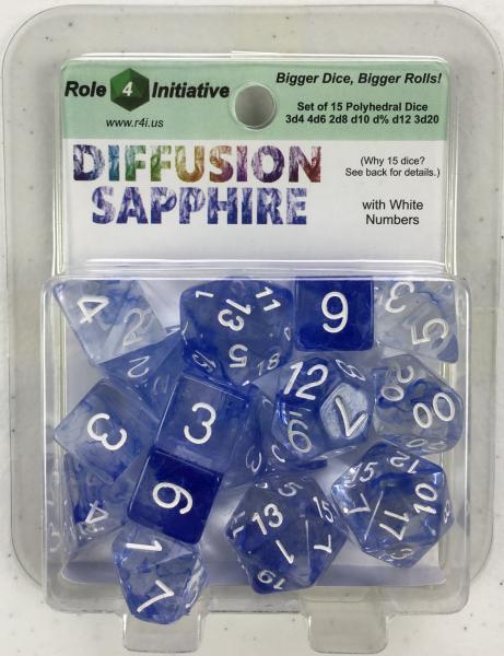 SET OF 15 POLYHEDRAL DICE DIFFUSION SAPPHIRE WITH WHITE NUMBERS 