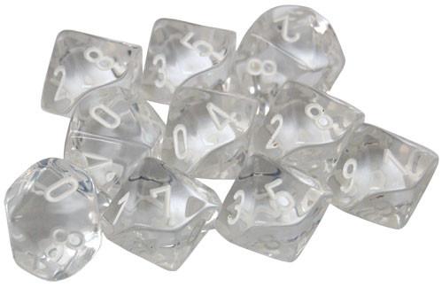 Dice Sets: Clear w/white numbers Translucent d10 Set (10)