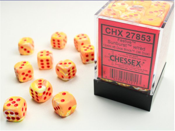 Chessex Dice Sets: Menagerie #10 - Festive Sunburst w/red 12mm d6 Dice Block (36)