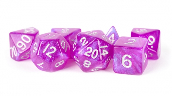 Acrylic Dice Set: 16mm Stardust - Purple with White Numbers