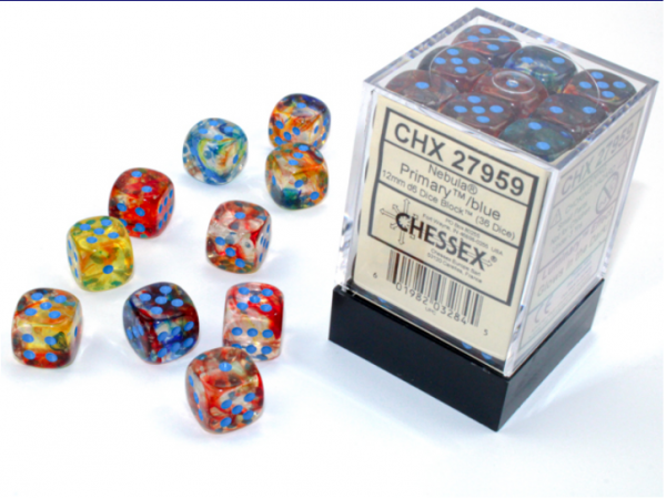 Chessex Dice Sets: Nebula Primary/Blue Luminary 12mm d6 Dice Block (36)
