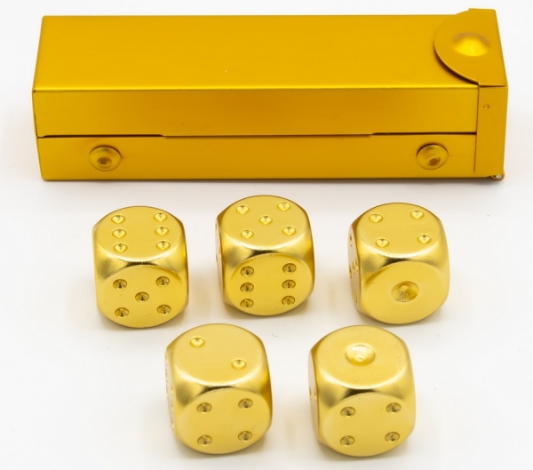 Gold set of 5 Metal D6 pipped dice with metal container