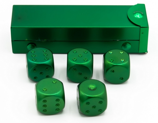 Green set of 5 Metal D6 pipped dice with metal container