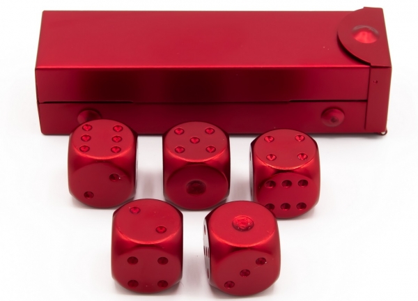 Red set of 5 Metal D6 pipped dice with metal container