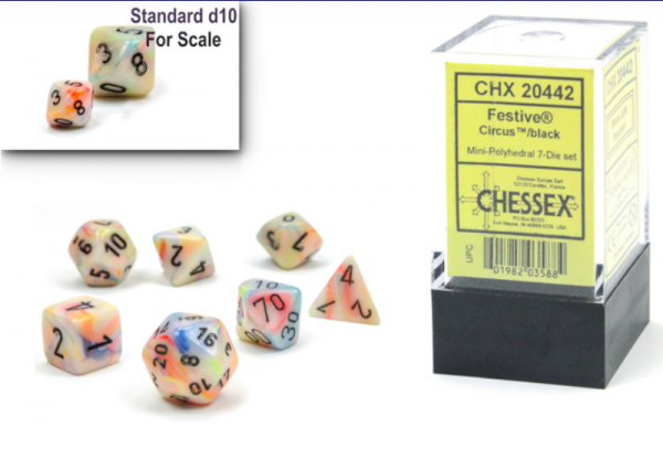 Chessex RPG Dice Sets: Festive Mini-Polyhedral Circus/Black 7-Die set