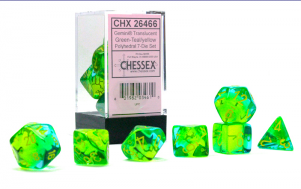 Chessex RPG Dice Sets: Gemini Polyhedral Translucent Green-Teal/Yellow 7-Die Set