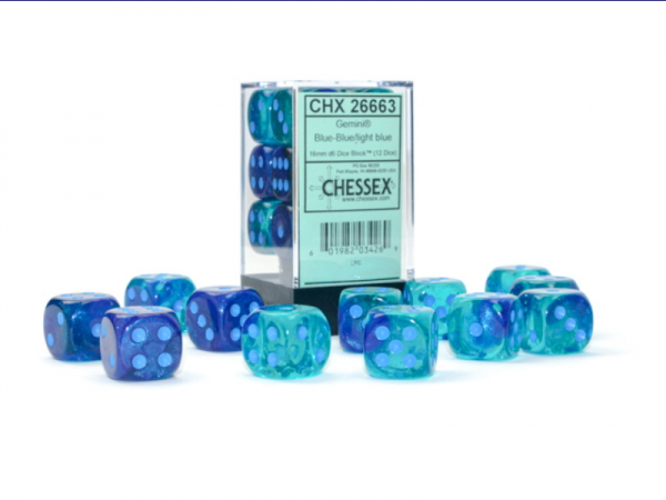 Chessex Dice Sets: Gemini 16mm d6 Blue-Blue/Light Blue Luminary Dice Block (12 dice)