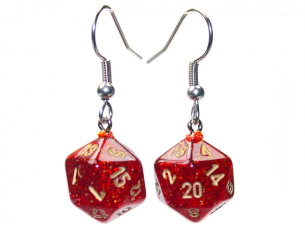 Hook Earrings: Glitter Ruby Mini-Poly d20 Pair