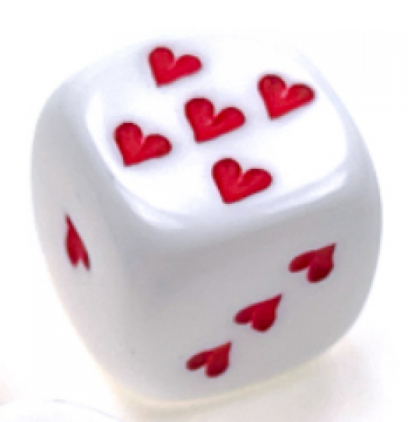Chessex RPG Dice Singles: Heart 16mm Opaque w/pips White/Red d6 (1)