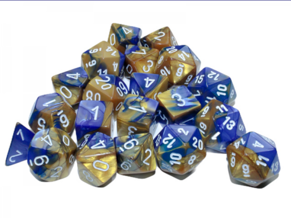 Chessex Dice: Gemini Bag of 20 Polyhedral Blue Gold/White Dice (Limited Edition)