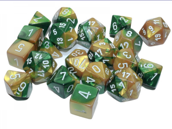 Chessex Dice: Gemini Bag of 20 Polyhedral Gold Green/White Dice (Limited Edition)