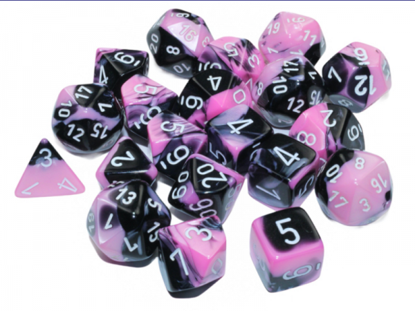 Chessex Dice: Gemini Bag of 20 Polyhedral Black Pink/White Dice (Limited Edition)