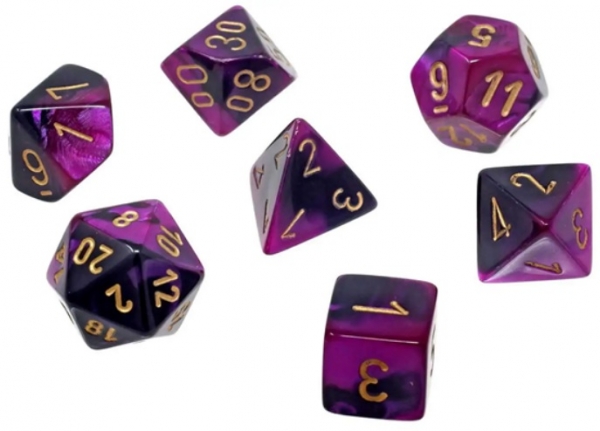 Chessex Dice Sets: Gemini Mini-Polyhedral Black-Purple/Gold 7-Die Set