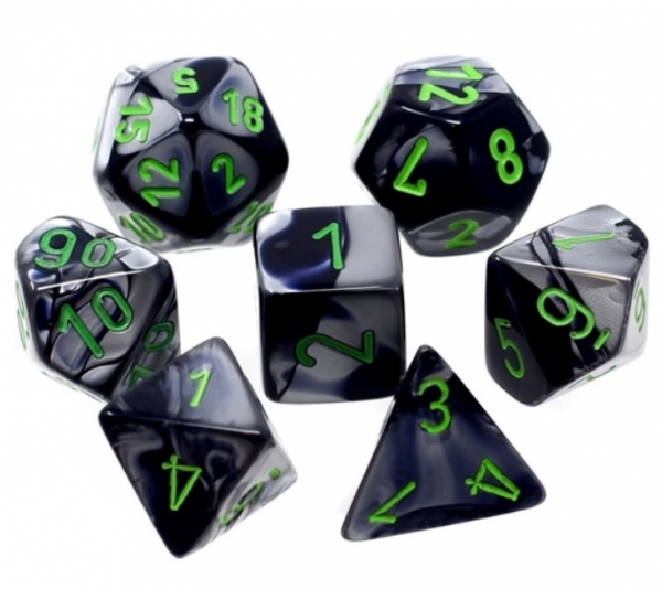 Chessex Dice Sets: Gemini Mini-Polyhedral Black-Grey/Green 7-Die Set