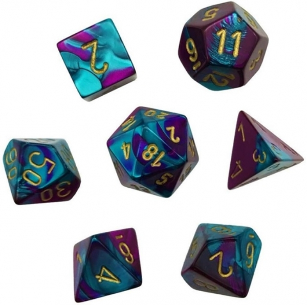 Chessex Dice Sets: Gemini Mini-Polyhedral Purple-Teal/Gold 7-Die Set