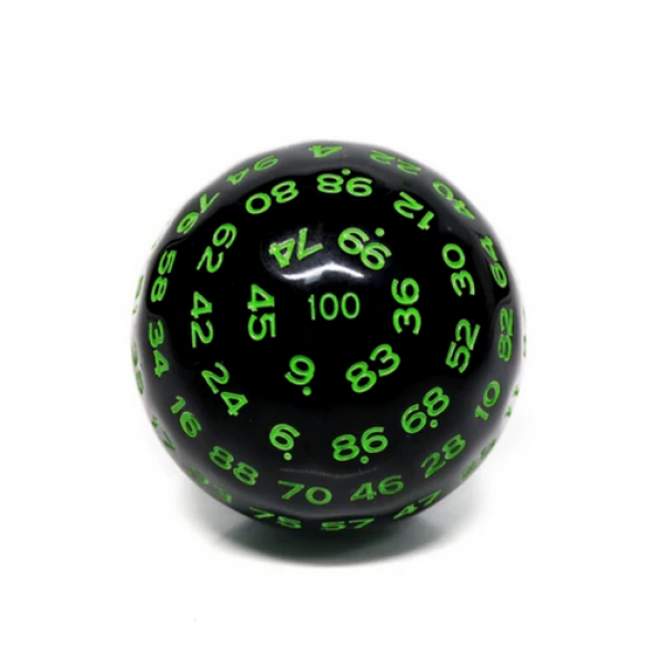 100 Sided Die - Black Opaque with Green