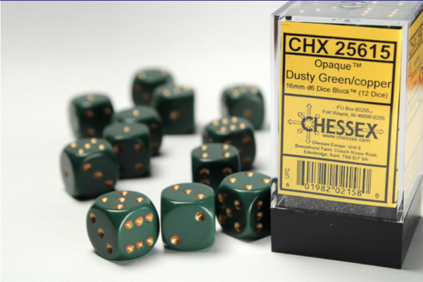 Chessex Dice Sets: Green/Copper Dusty Opaque 16mm d6 (12)