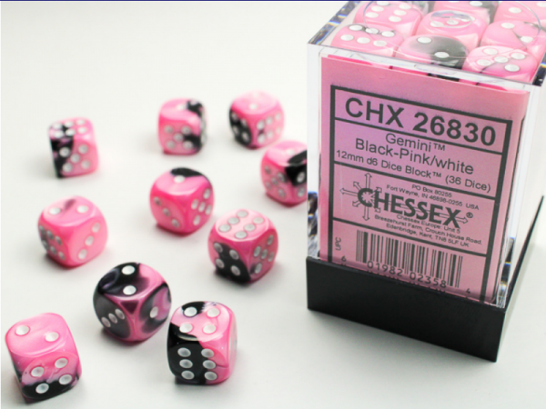 Chessex Dice Sets: Pink-Black/White Gemini 12mm d6 (36)