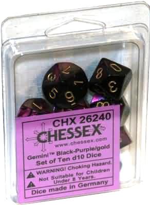Chessex Dice Sets: Gemini 4 Poly D10 Black Purple/gold (10)