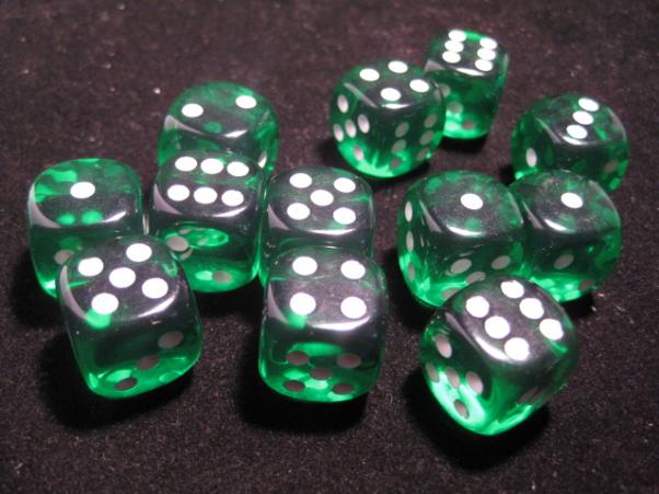 Chessex Dice Sets: Green/White Translucent 16mm d6 (12)