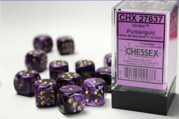 Chessex Dice Sets: Purple/Gold Vortex 16mm d6 (12)